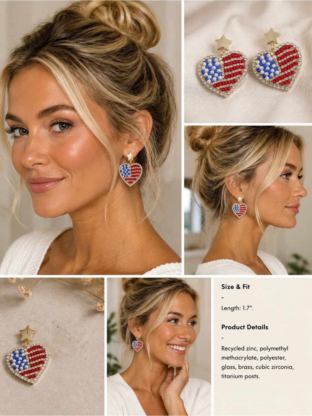 NWT J. Crew Red, White & Blue Heart and Star Drop Earrings